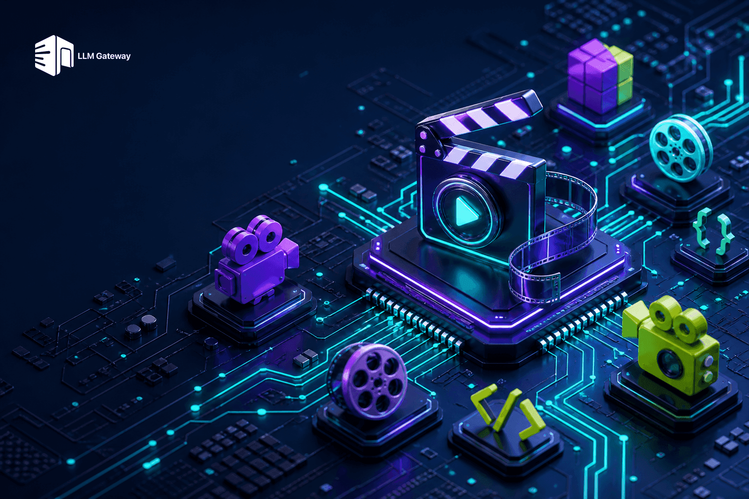 A glowing film clapperboard with a strip of film curling off it on a circuit board chip, surrounded by video cameras, film reels, and code brackets