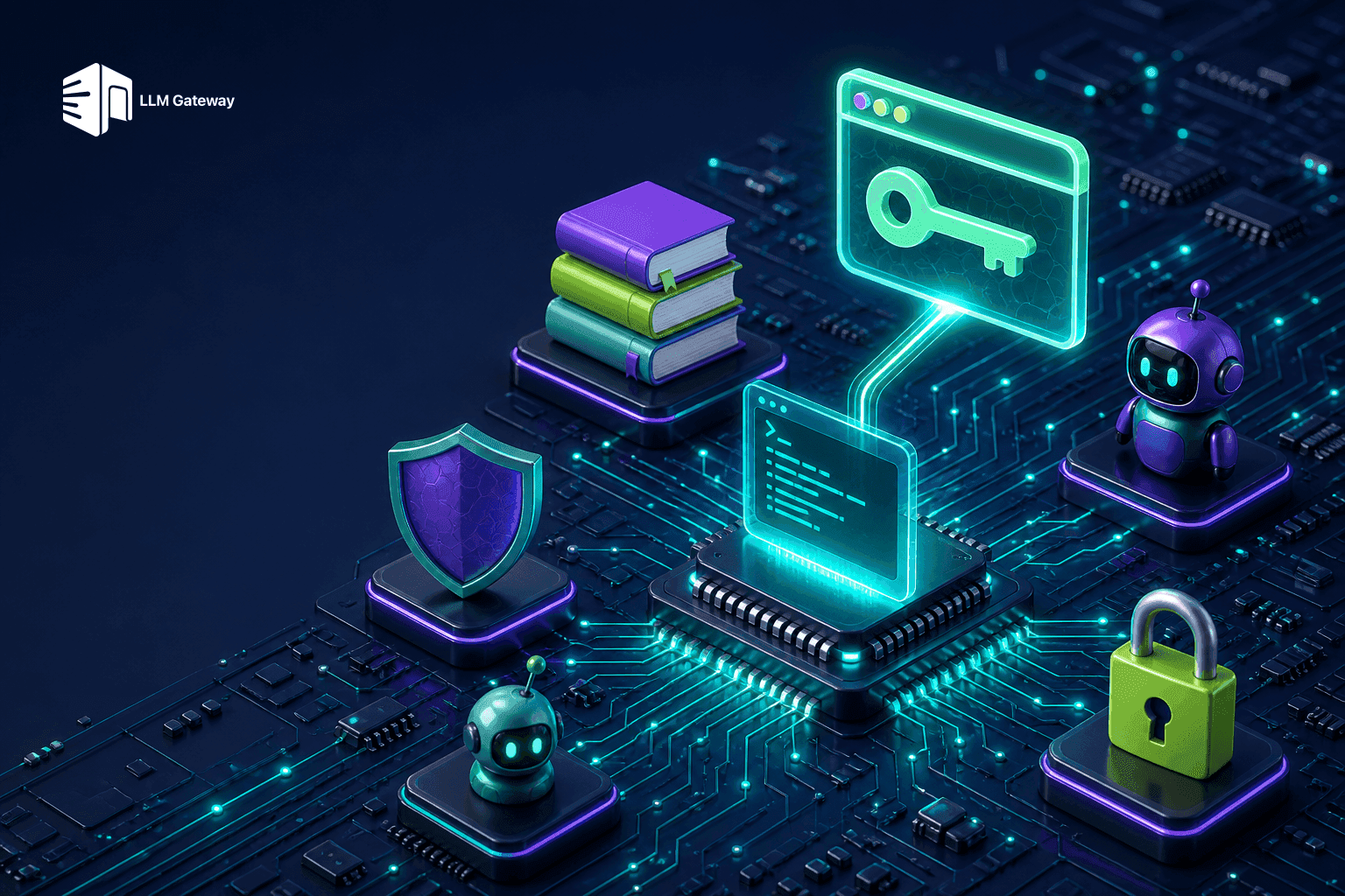 A glowing terminal window linked by a beam of light to a browser window holding a key, surrounded by books, a shield, and robot figures on a circuit board
