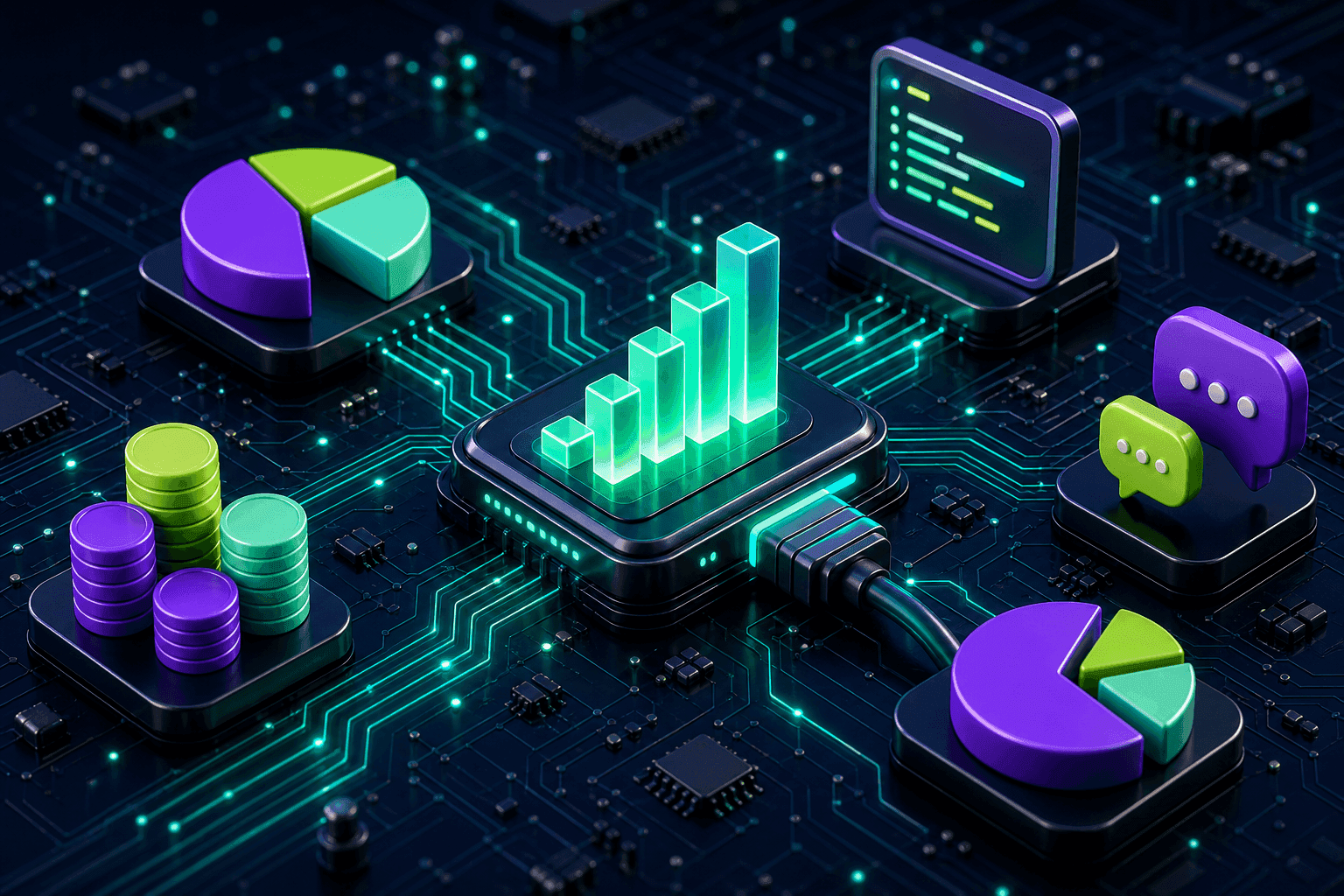 A glowing bar chart with a plug connector docked into it on a circuit board, surrounded by pie charts, coins, and terminal windows