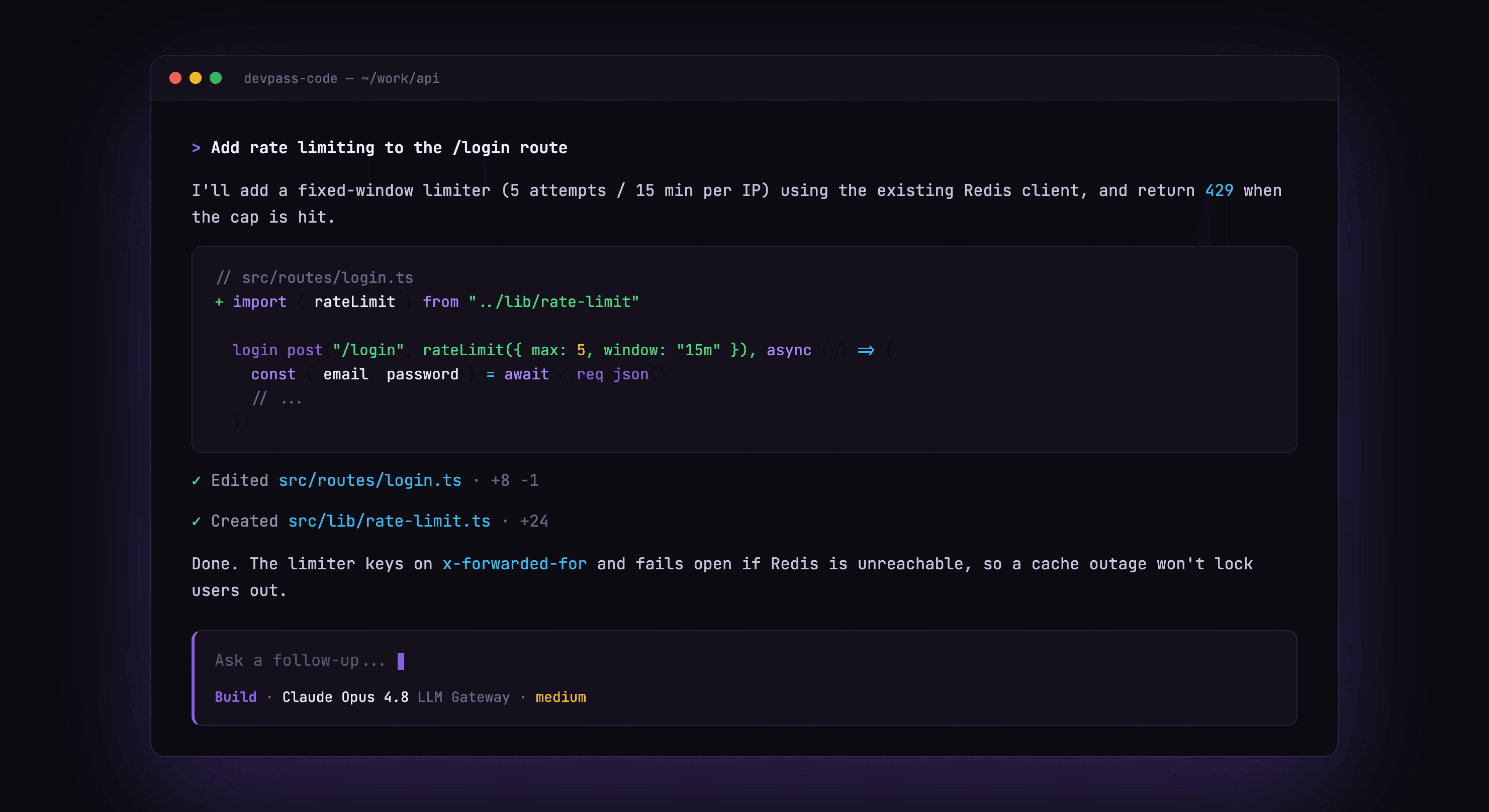DevPass Code editing a file in a coding session, with a syntax-highlighted diff and tool output
