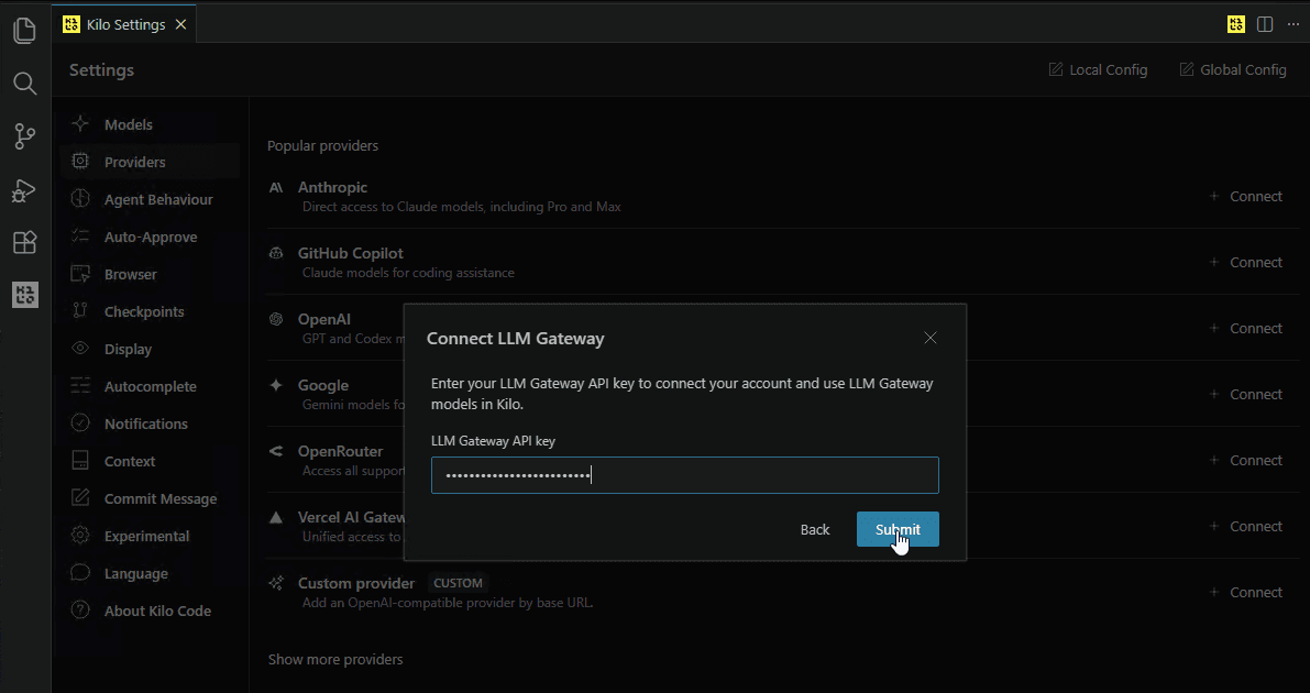 Connect LLM Gateway — enter API key